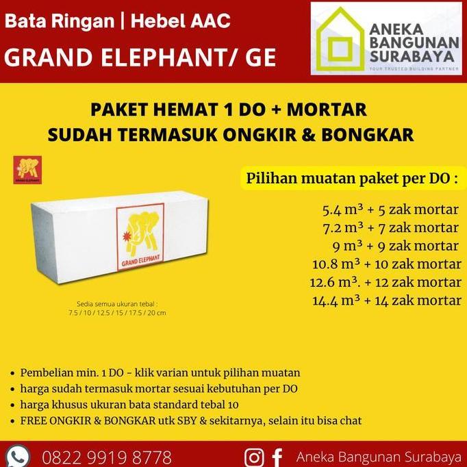 Paket Hemat Bata Ringan GE ( 1 DO + Mortar ) Grand Elephant hebel