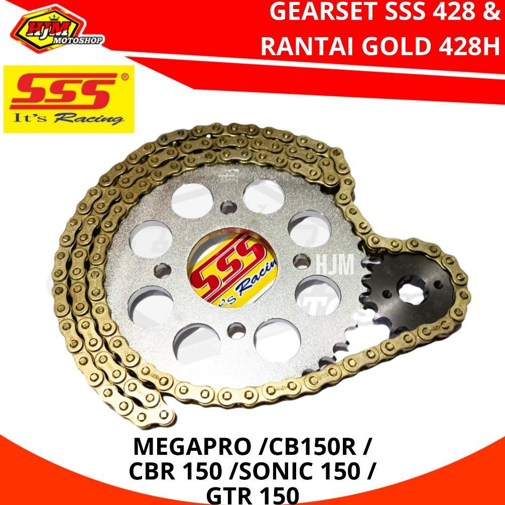 GEARSET SSS CB 150R CBR 150 GL MEGAPRO SONIC TIGER VERZA SUPRA GTR DAN RANTAI GOLD 428H