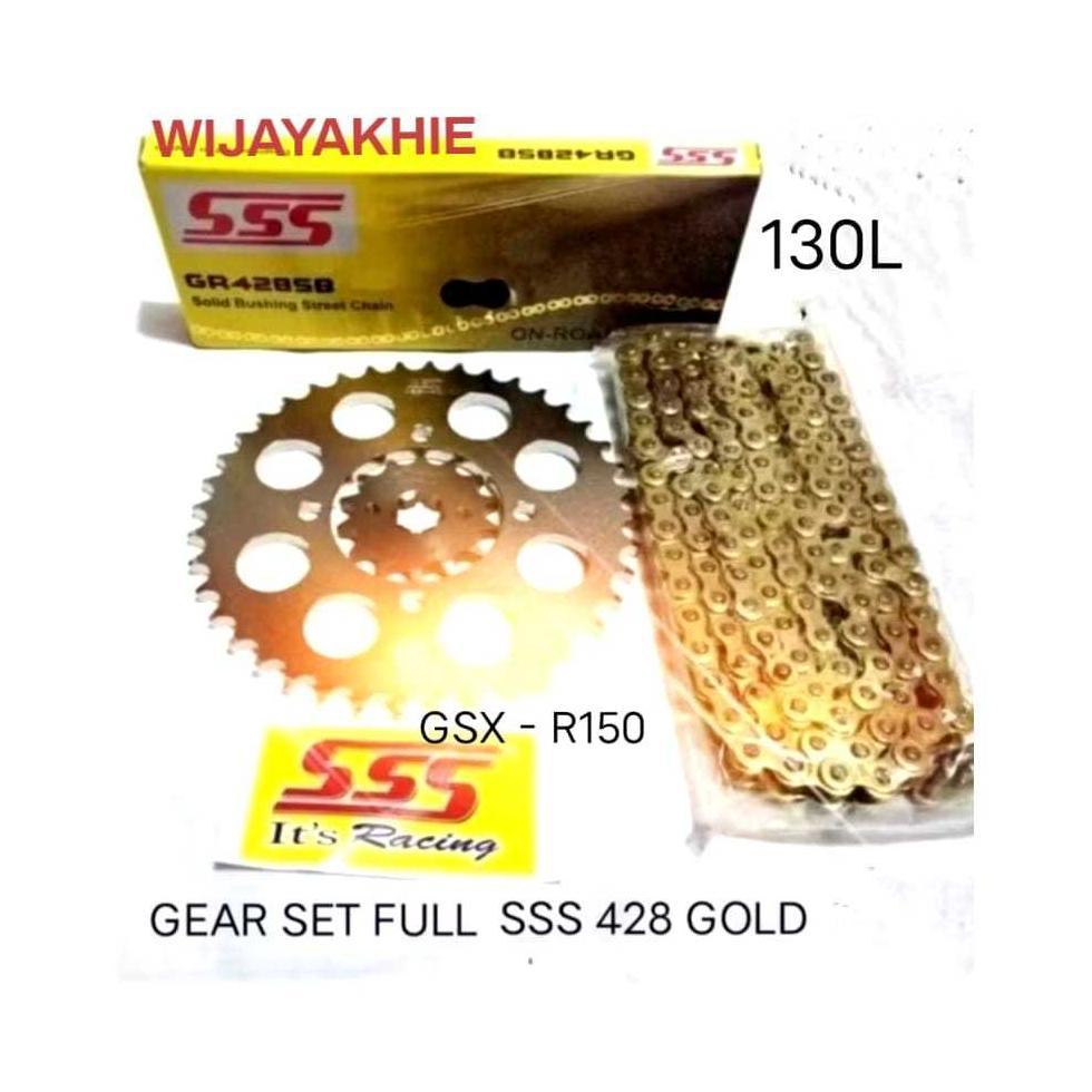 Gear Set FULL SSS 428 GSX-R150 + Rantai SSS 428 GOLD 130L + Pilihan Gir Depan SSS (13/14/15) Belakan