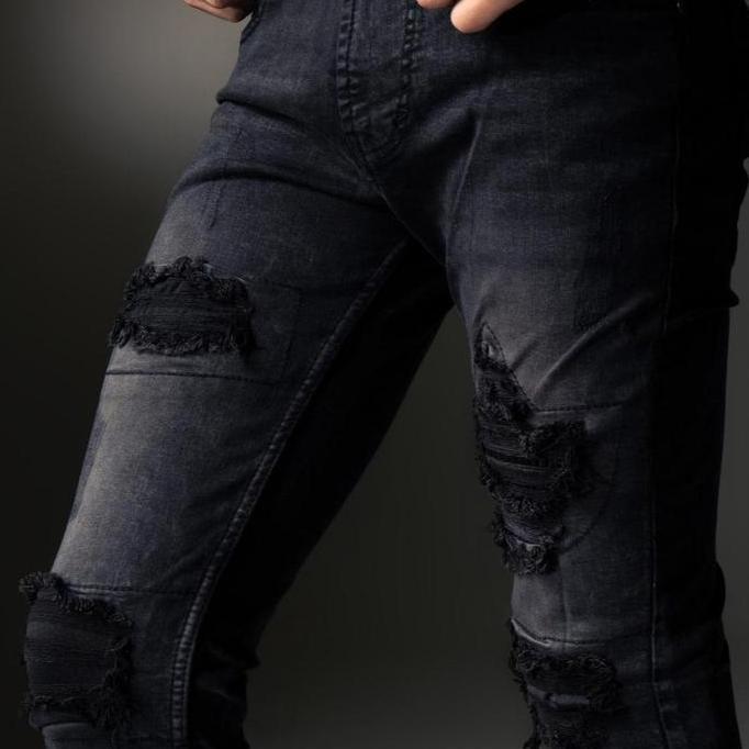Weird Jeans - Austin Black - Celana Jeans Pria Slimfit Strech Ripped Tambal Denim Nyaman Stretch