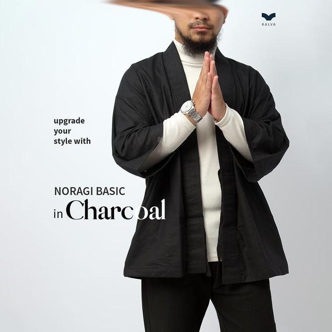 Outer Pria Kimono Noragi Hitam Kalva Basic Series Black Charcoal | Jaket Kimono Casual