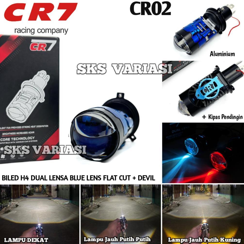 CR7 CR02 - Lampu Utama LED H4 Biled Projector Laser Blue Lens Plus Devil Kipas Pendingin Motor Mobil