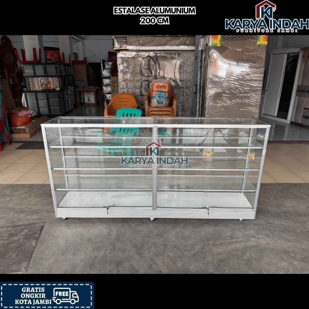 Lemari Rak Estalase ALUMUNIUM Tempat Jualan Kaca Sliding Roda Alumunium