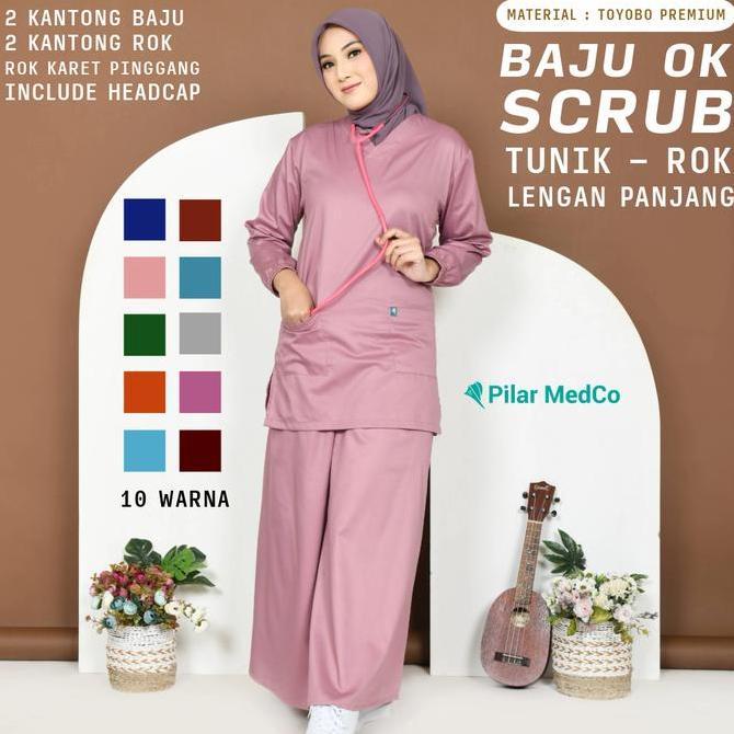 Baju Ok Rok Lengan Panjang Tunik | Baju Scrub Medis Rok Tunik | Bahan Toyobo | Baju Jaga Dokter | Ba