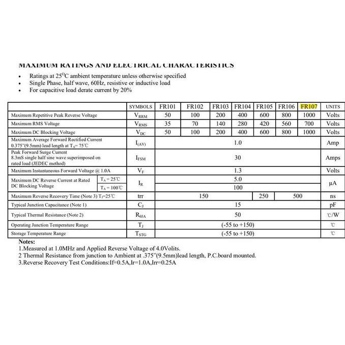FR107 107 1000V 1A FAST RECOVERY DIODE DO-15