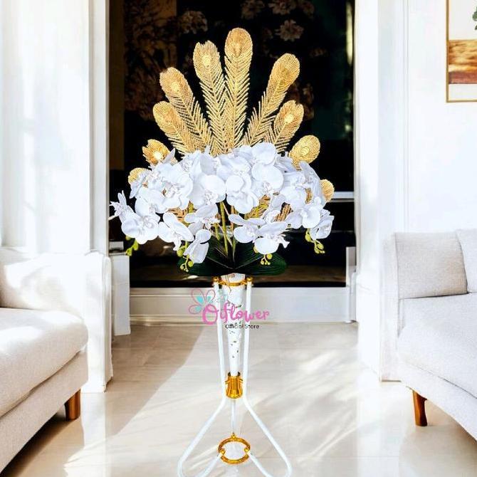 NEW - Bunga Hias Anggrek Latex Premium Kombinasi Dengan Merak Gold Satu Set Lengkap Dengan Vas/Pot C