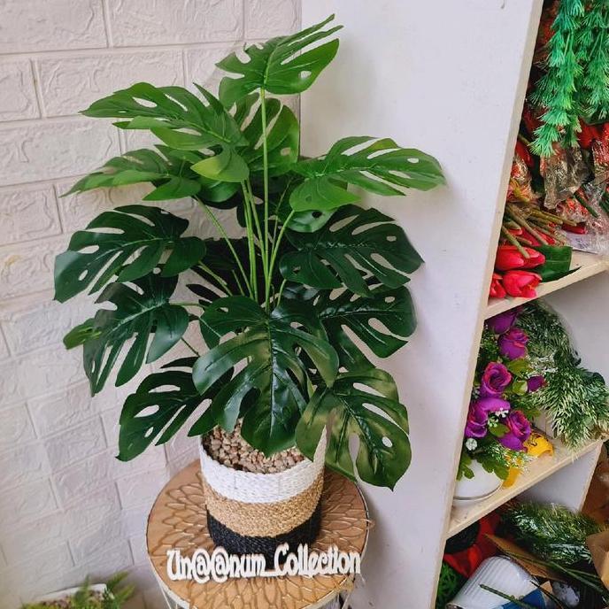 NEW - tanaman artificial monstera varigata vas rotan anyam