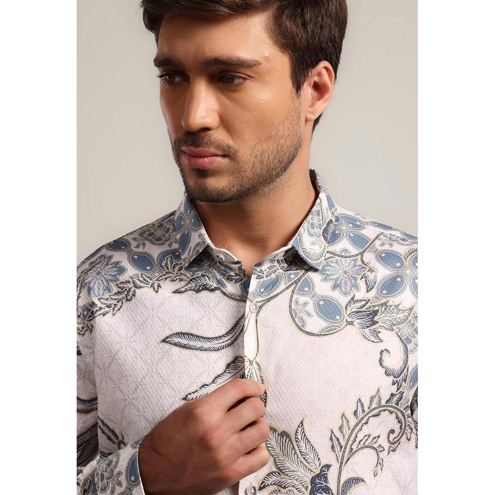 MOC - Kemeja Batik Pria Lengan Panjang Balereng - White