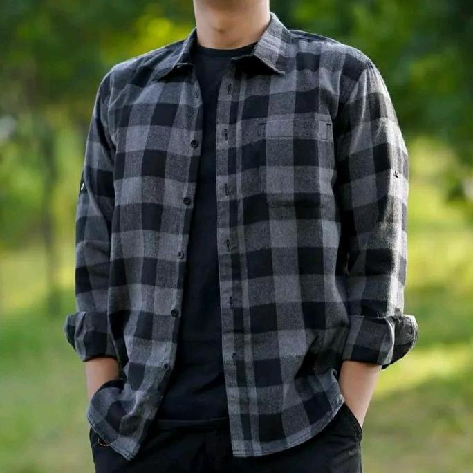 Kemeja Flanel Jumbo Lengan Panjang Pria XXL XXXL XXXXL Motif Kotak Catur Hitam Putih Oversize Nyaman