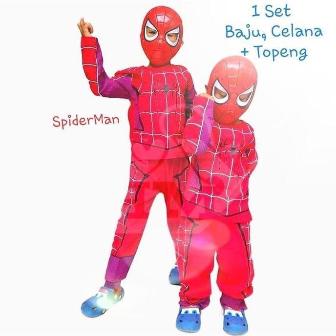 ASLI 1SET ( BAJU + TOPENG ) Baju kostum anak superhero SPIDERMAN - Baju+ topeng spider-man READY STO