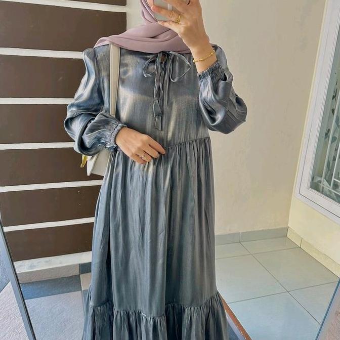 Midi Dress Kode Sm Shimmer Luxury Tali Leher Kekinian Polos Wanita Cantik Muslim Nyaman