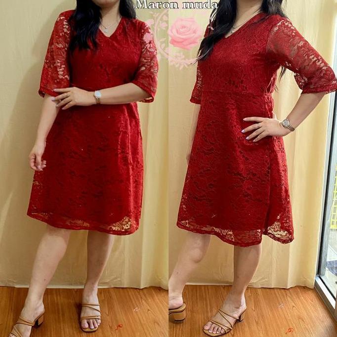 Dress Wanita Brukat Glitter Tulang Lapis Furing Karet Panjang Gaun Kondangan Mewah Natal Simple Midi