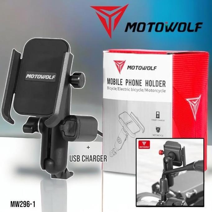 Holder Hp Dudukan Spion stang + USB Charger MotoWolf ORIGINAL UNIVERSAL SEGALA JENIS MOTOR ori moto 