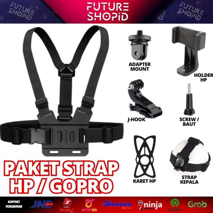 Paket Strap Dada / Kepala+ Holder HP Chest / Head Strap Gopro Action Cam Kogan Xiaomi Vlog Motovlog 