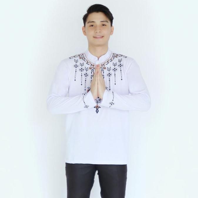 Ds - Baju Kaos Muslim Pria Kerah Shanghai Lengan Panjang - Baju Koko Bordir Motif Batik Katun Atasan