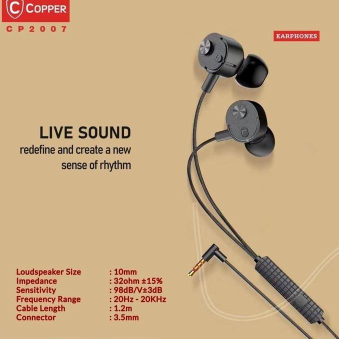 COPPER CP2007 Earphone Premium Putih|Hitam dengan Teknologi Isolasi Kebisingan