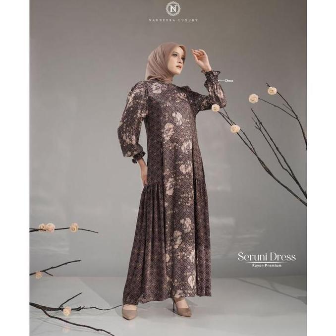 [Bisa Cod] Seruni Dress Midi Nadheera Luxury Rayon Premium Motif Gamis Nadhera Terbaru Sruni
