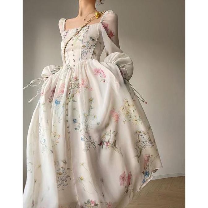 Gown Chachu Dress Organza Midi Vintage Bodycon Putih Fairy Gaun Elegan Wanita Casual Pesta Baju Kond