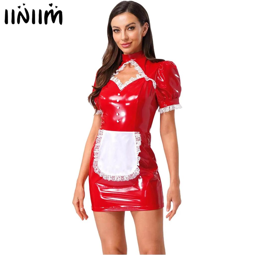 Womens PU Leather Latex Maid Cosplay Costume Hollow Out Lace Trim Apron Glossy PU Bodycon Dress Maid