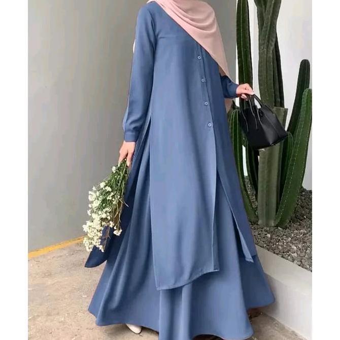 Bgs- Vania One Set Rok Panjang Tunik Syari Baju Setelan Wanita Muslim Dewasa Atasan Size Jumbo Bahan