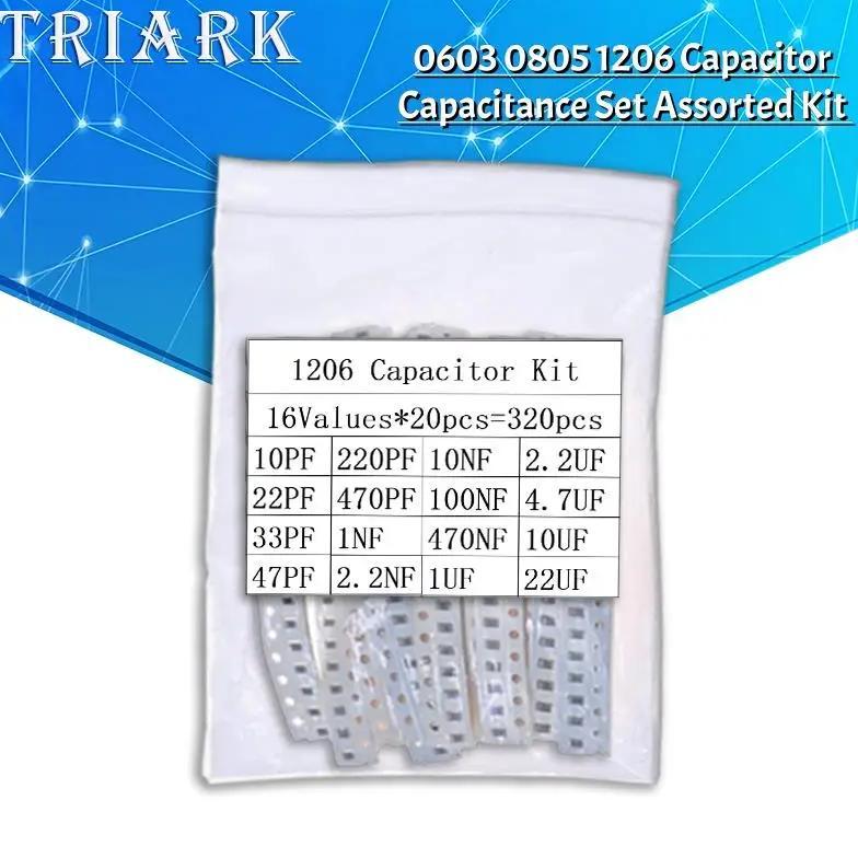320PCS 16Values 0603 0805 1206 SMD Capacitor Assorted Kit 10PF~22UF 22PF 470PF 1NF 10NF 100NF 1UF 4.
