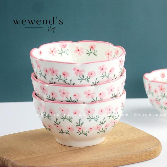 Mangkok Keramik Korea | Mangkuk Nasi Soup Motif Bunga Luar Dalam