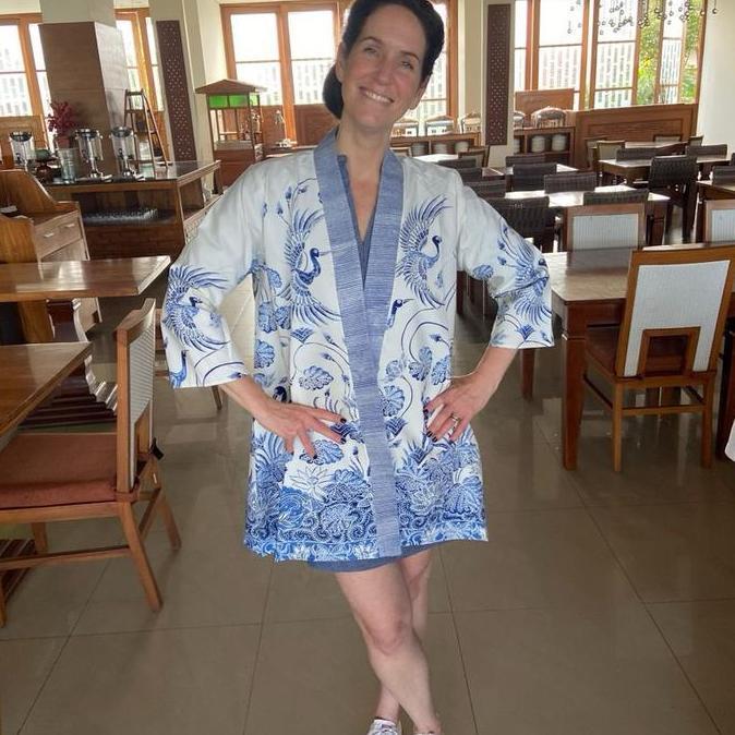 Lurik Akik Batik Outer Long Sleeve Lurik Akik Bahan Batik Cap Pekalongan Putihan Motif Burung Size L