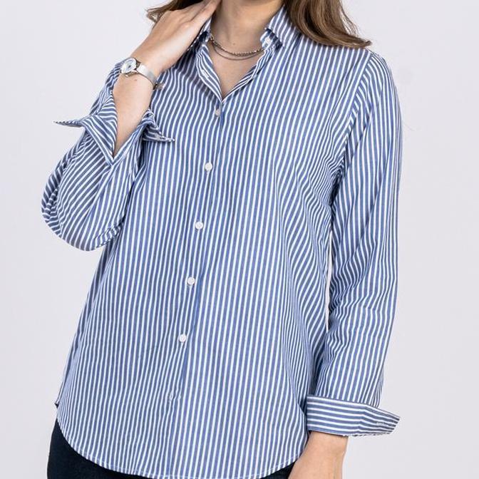 C2 Gideon Blue Kemeja Casual Wanita Lengan Panjang Motif Garis