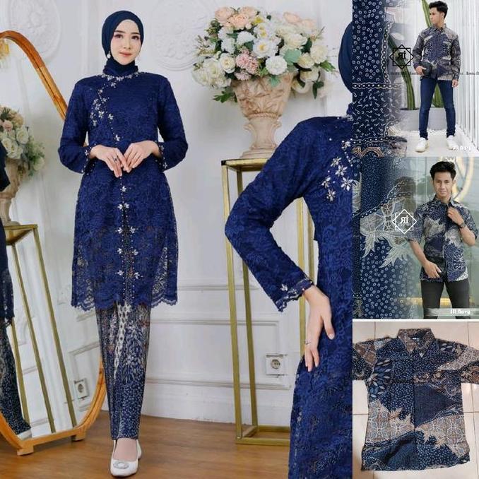Newgir- Couple Kebaya Modern Navy Batik Saroja Navy- Baju Setelan Kebaya Payet Pasangan Sarimbit