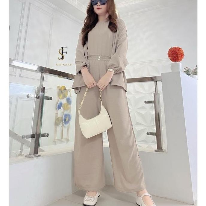 READY Naomi Set 3 in 1 Set Outher Cardigan Lengan Karet Panjang With Inner Celana Panjang Kulot Hija