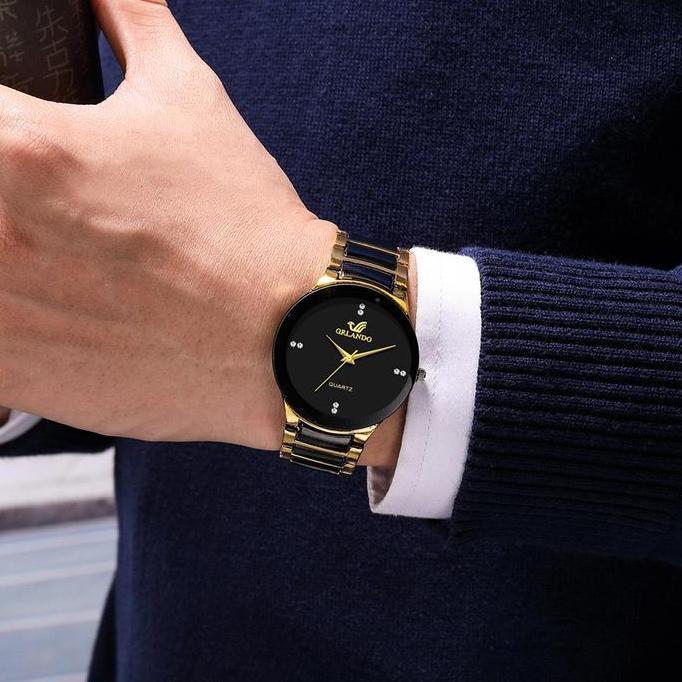 AFRANEKSOO - JAM TANGAN PRIA ORLANDO RANTAI STAINLESS GOLD HITAM EMAS LAIGO JAM95B5 BESI COWOK KEREN