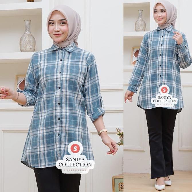 Newrelig- Farrah Tunik Flanel Premium Wanita Motif Kotak Garis Atasan Muslim