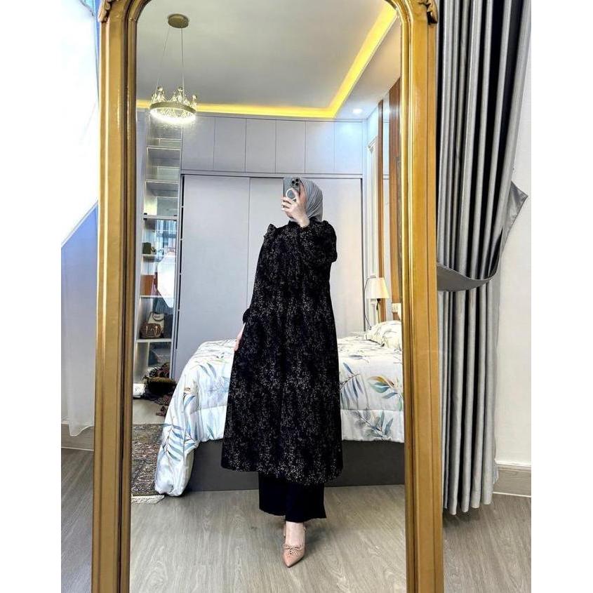 Newrelig- Setelan Long Tunik Arumi Ceruty Babydoll Full Puring Baju Muslimah Wanita Oneset Tunik Pan