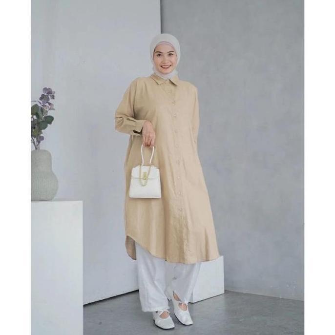Newrelig- Kemeja Wanita Panjang Dwyne Tunik Linen Atasan Polos Remaja