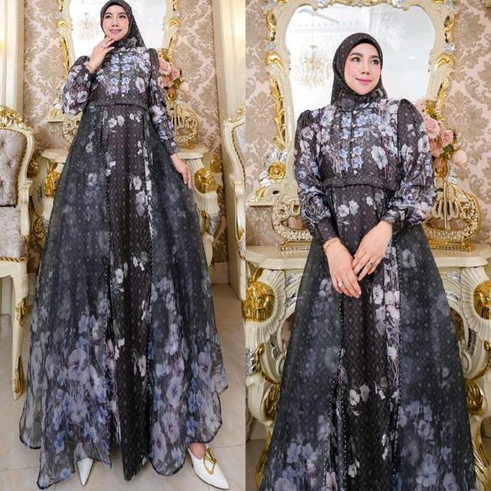 Grosir Haneefa Series By Dmecca Syari Gamis Dress Armany Silk Premium Mix Organza Printing Furing Hy