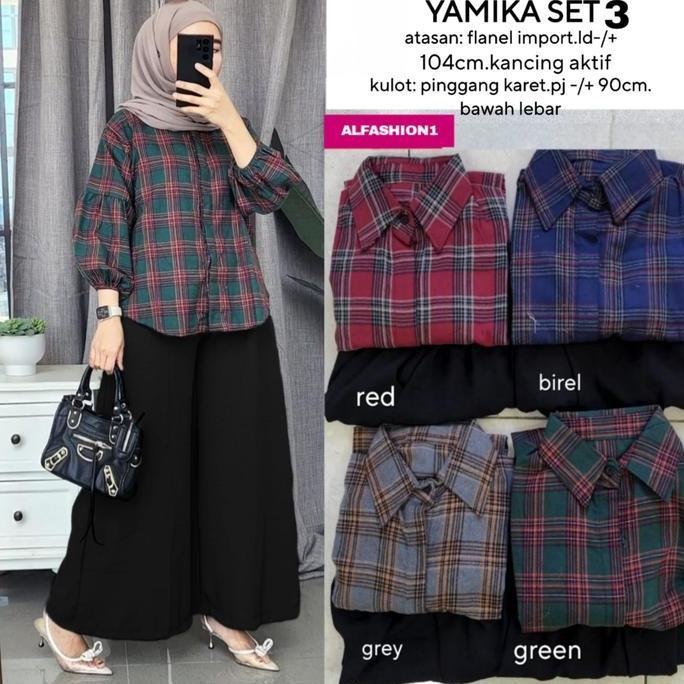 Newrelig- Setelan Yamika Set 2 3 Kemeja Lengan Panjang Blouse Bahan Flanel Celana Kulot Crinkle Ld 1