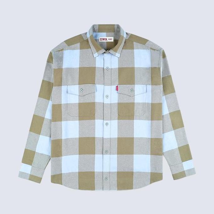 Yxyg- Edwin Jeans - Bastien Beige White Pepper Kemeja Flanel Lengan Panjang Pria Casual Motif Kancin