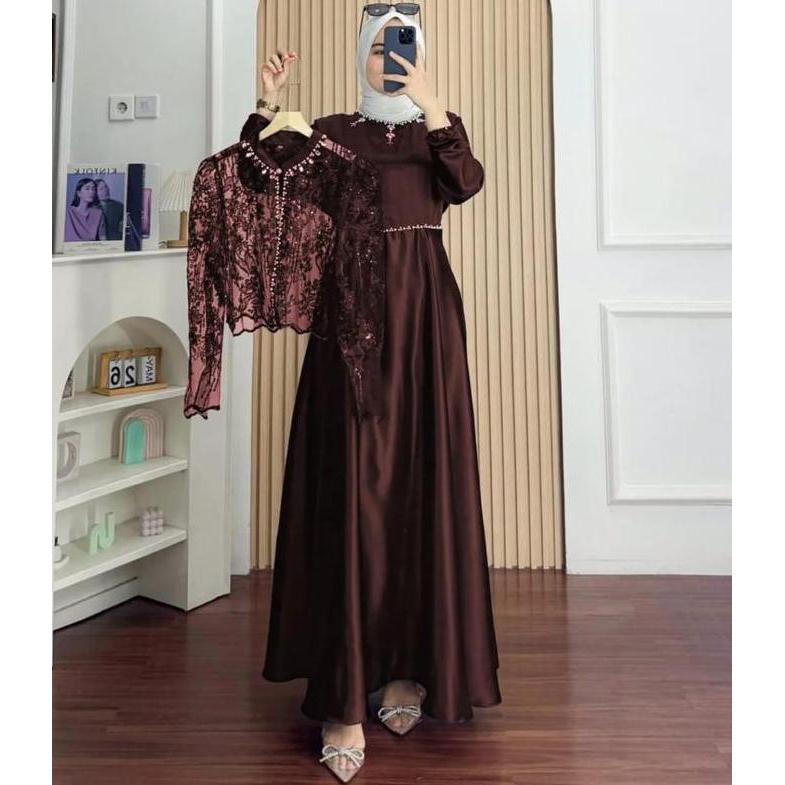 Sale Gamis Pesta Terbaru Sakura Dress Bahan Sillk Aplikasi Brukat Mix Payet Mutiara Outher Brukat Te