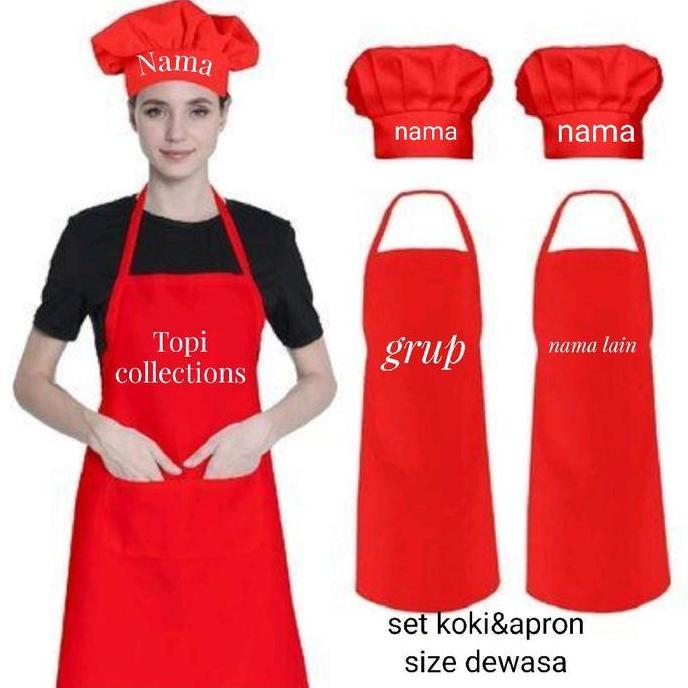 Lengkap- Topi Koki Dan Celemek Dewasa Pake Nama Set Koki Celemek Dewasa Set Apron Dewasa Topi Koki D