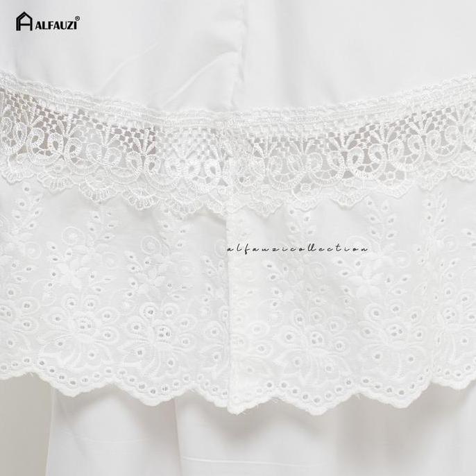 Alfauzi - Mukena Dewasa Putih Polos Renda Bordir | Mukena Aisyah Atasan Bawahan Katun Cream