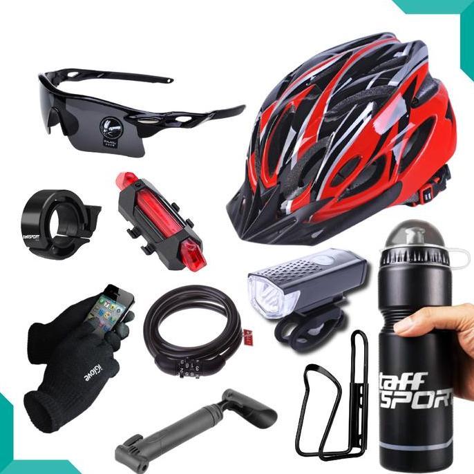 Paket Aksesoris Sepeda Komplit Helm + Kacamata + Lampu + Botol Minum