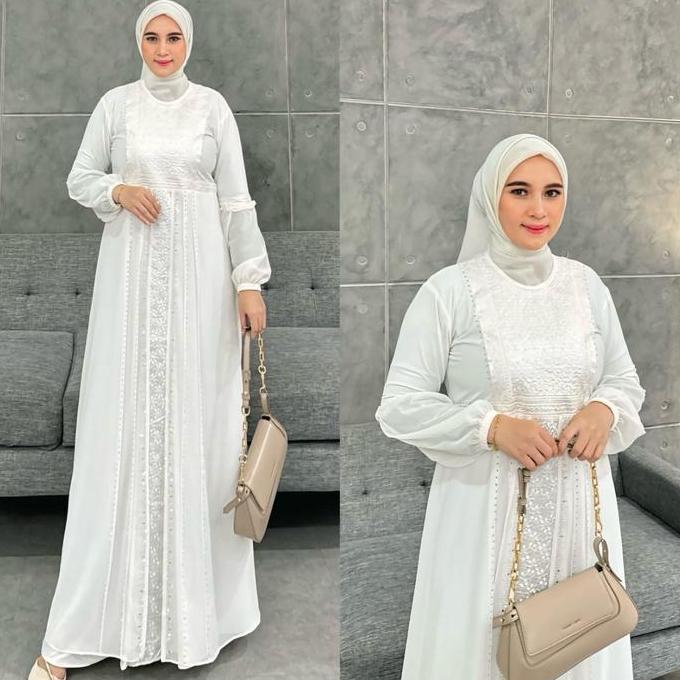 Promo Gamis Abaya Turkey Bordir Safira Full Putih Bw Tali Belakang Divvsaa Collection Terbaru - Musl