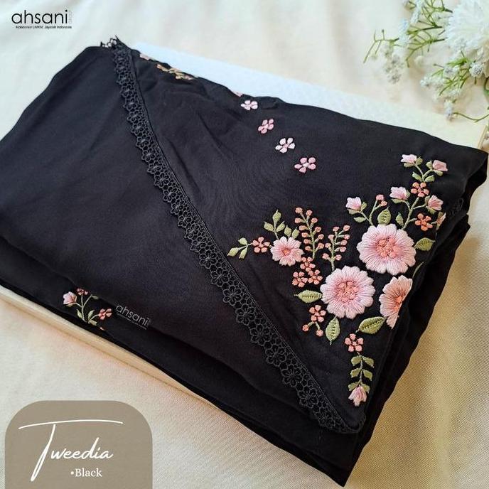 Promo Mukena Ahsani Tweedia Hitam Rayon Twill Bordir Mewah Cantik Jumbo Diskon