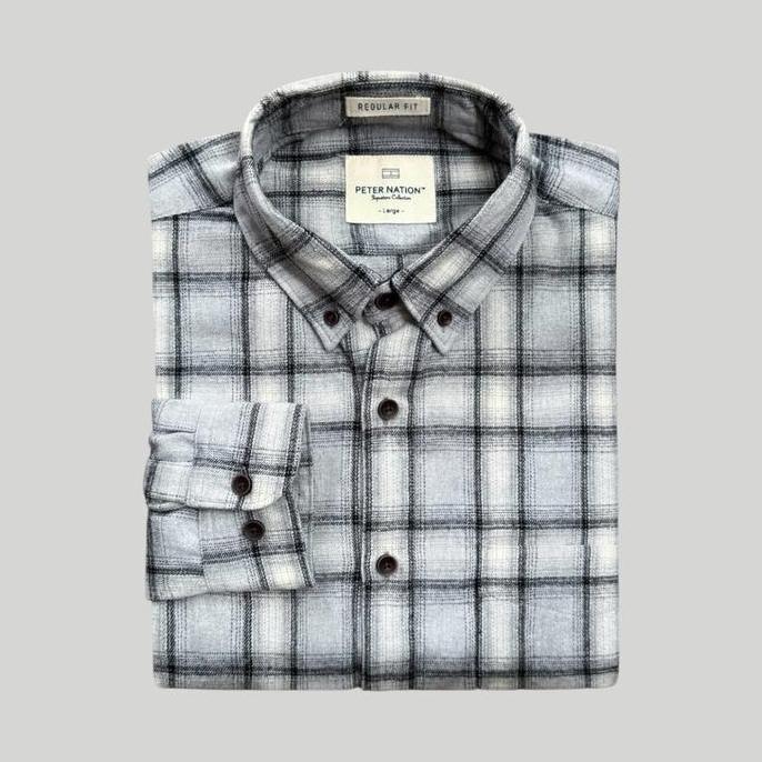 Peternation kemeja flanel pria wool basic panjang regular fit PT113 Hh Kerah Kotak