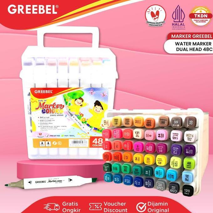 GREEBEL Spidol Warna Warni 1 Set / Spidol Water Marker Dual Head (48 Warna) / Spidol Warna / Sketch 