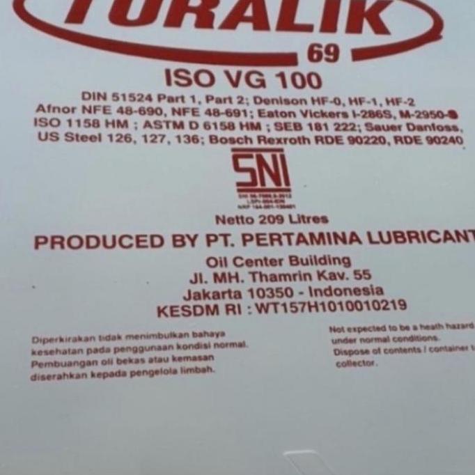 OLI HIDROLIK PERTAMINA TURALIK 69 ISO VG 100 PELUMAS 209LITER ORIGINAL DAN TERPERCAYA