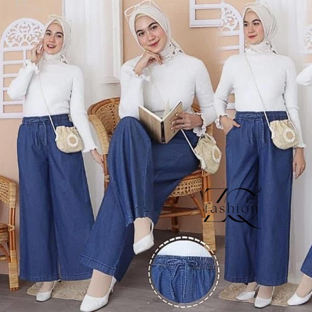 Unik Kulot Jeans Pinggang Karet - Celana Jeans Kulot Wanita Full Pinggang Karet Tali Serut