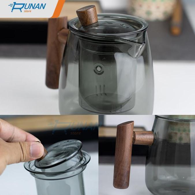 Teko Teh Kaca Infuser Tahan Panas Gagang Kayu Teko Saringan Teh