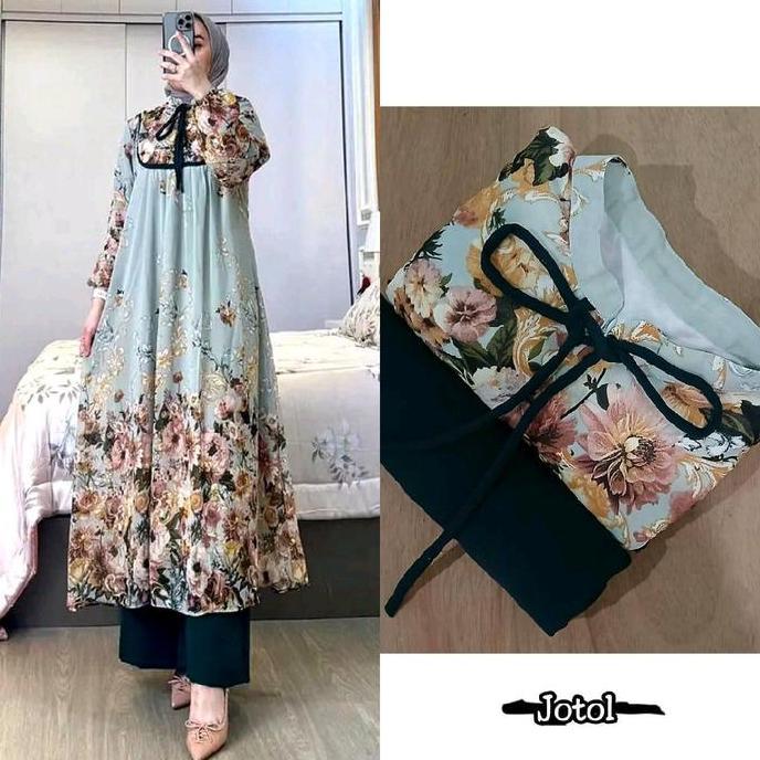 DISKON SETELAN TUNIK MELIA RAYON DIAMOND KANCING MUSLIM CELANA KARET