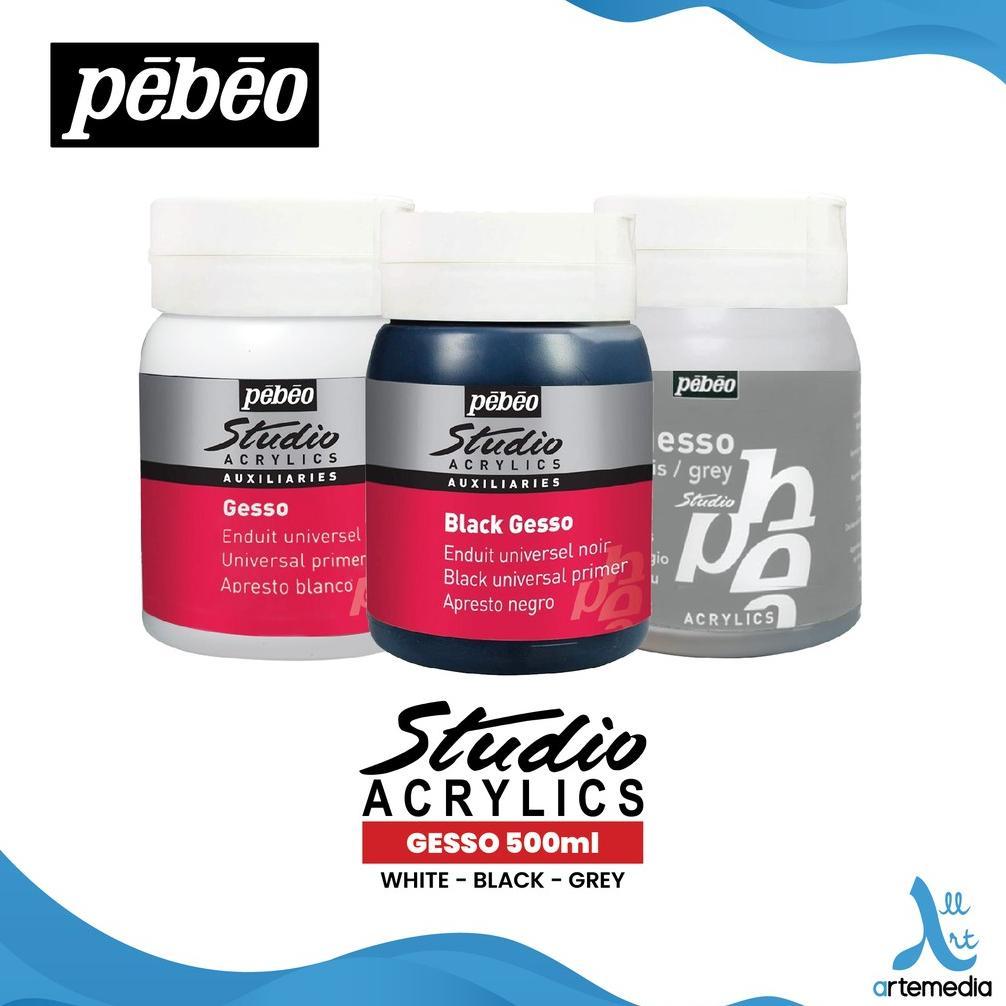 Pebeo Studio Acrylic Gesso Medium 500 ml White Gesso, Black Gesso, Grey Gesso Lapisan Dasar Lukisan